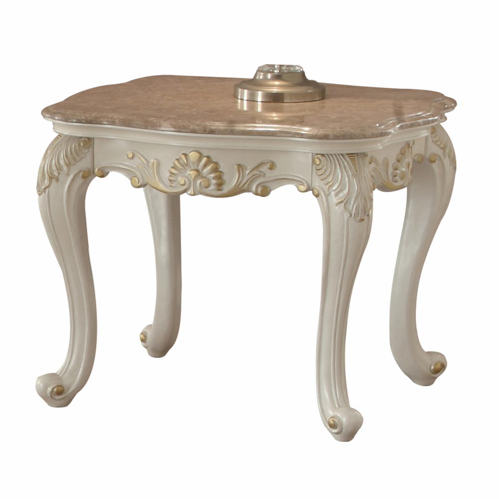 24" Pearl White Brushed With Gold Accents And Light Brown Marble End Table. Picture 3