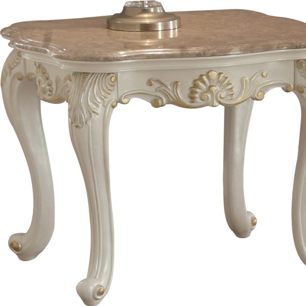 24" Pearl White Brushed With Gold Accents And Light Brown Marble End Table. Picture 4