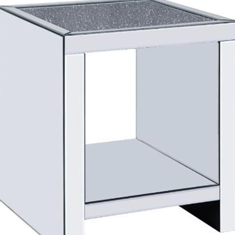 24" Silver And Gray Glass And Mirrored Square End Table With Shelf. Picture 4