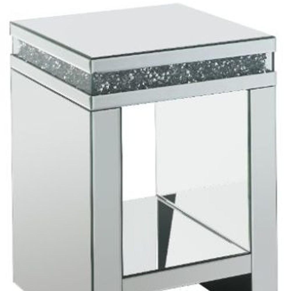 24" Silver Glass Square Mirrored End Table With Shelf. Picture 4