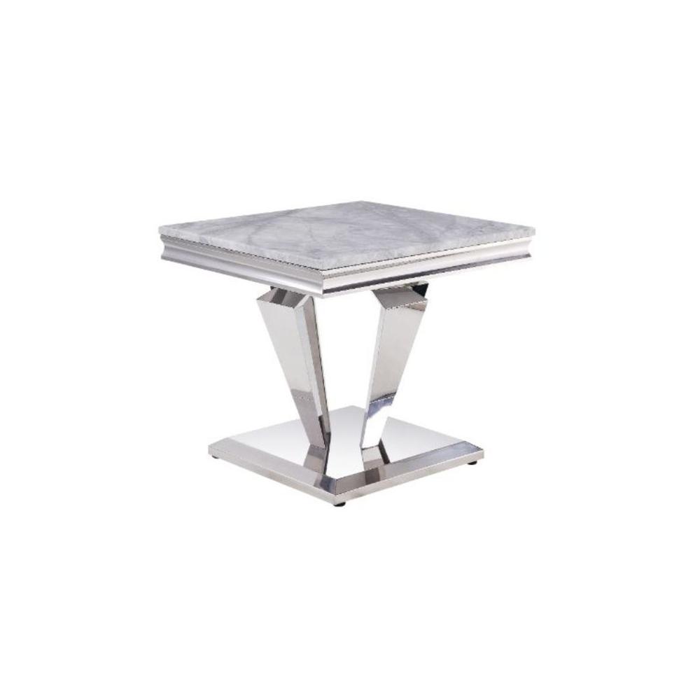 22" Silver And Light Gray Marble Look And Stainless Steel Square End Table. Picture 1