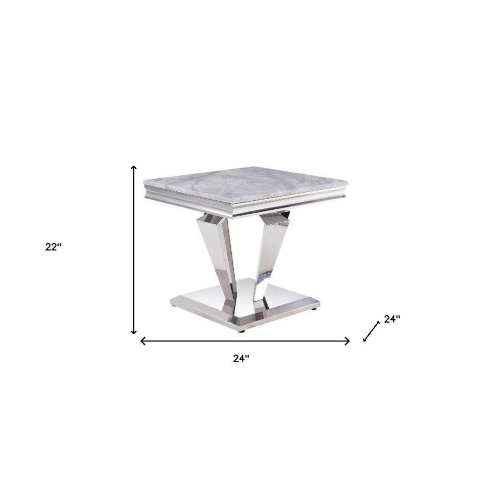 22" Silver And Light Gray Marble Look And Stainless Steel Square End Table. Picture 5