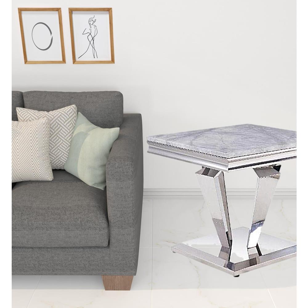 22" Silver And Light Gray Marble Look And Stainless Steel Square End Table. Picture 2