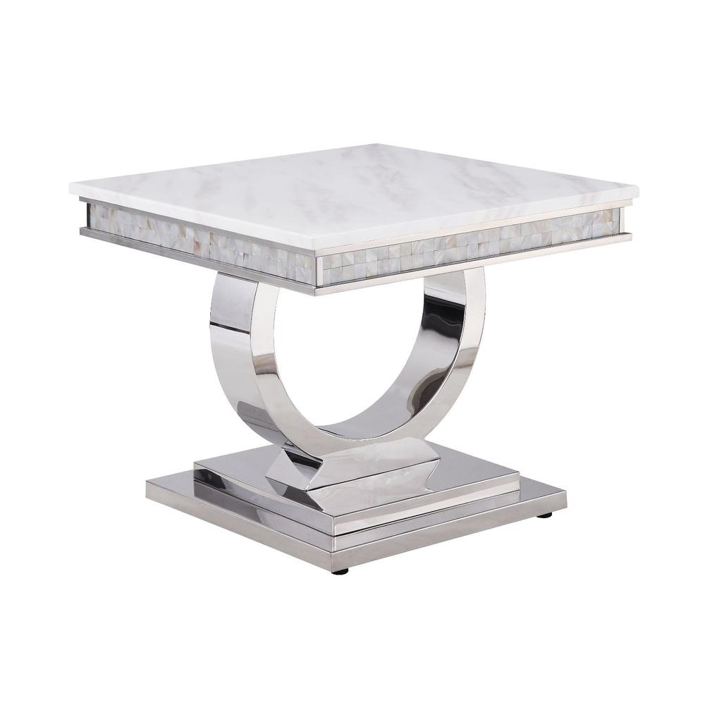 20" Silver And White Marble Look Stainless Steel Square End Table. Picture 1
