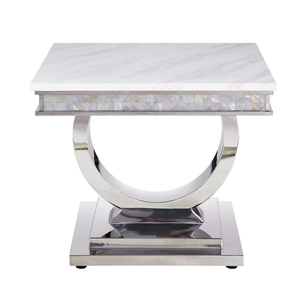 20" Silver And White Marble Look Stainless Steel Square End Table. Picture 2