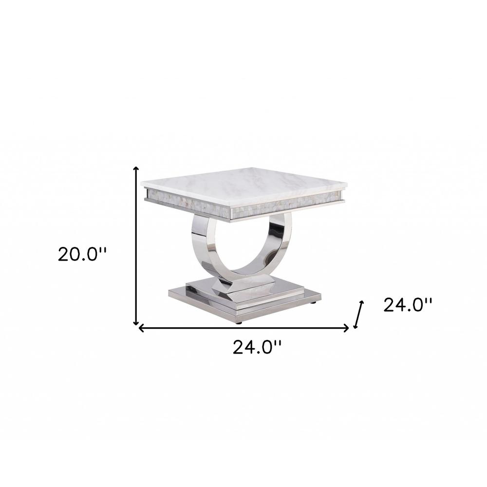 20" Silver And White Marble Look Stainless Steel Square End Table. Picture 5