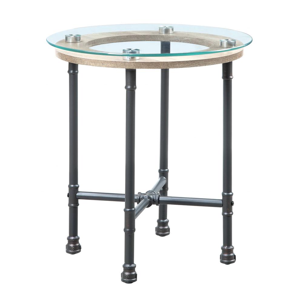 24" Sandy Gray And Clear Glass And Metal Round End Table. Picture 2