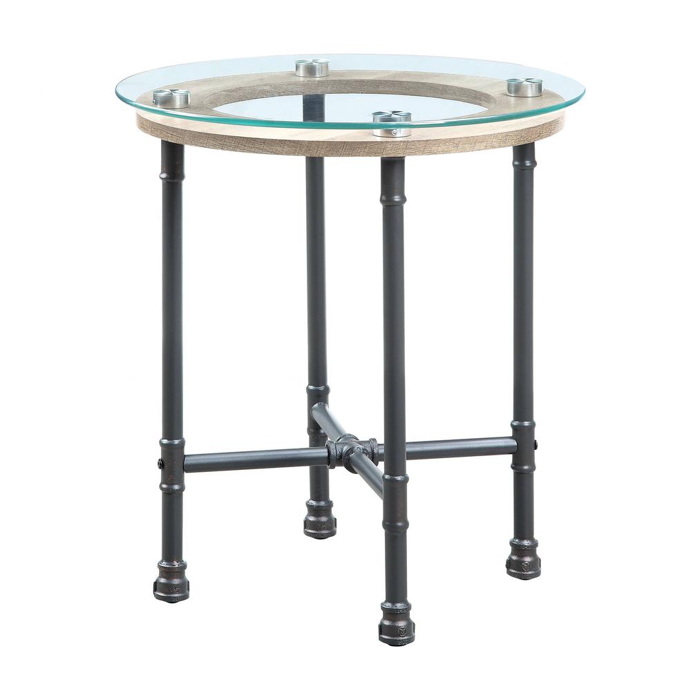 24" Sandy Gray And Clear Glass And Metal Round End Table. Picture 1