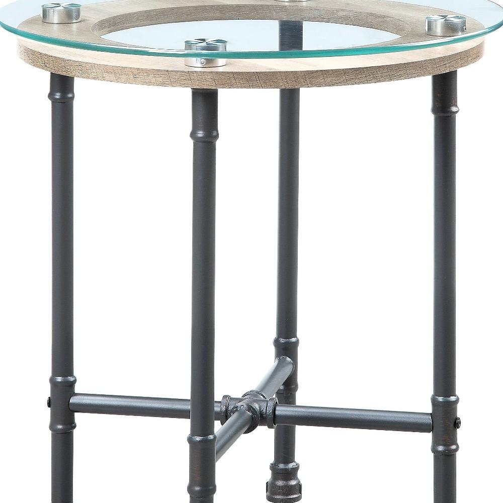 24" Sandy Gray And Clear Glass And Metal Round End Table. Picture 4