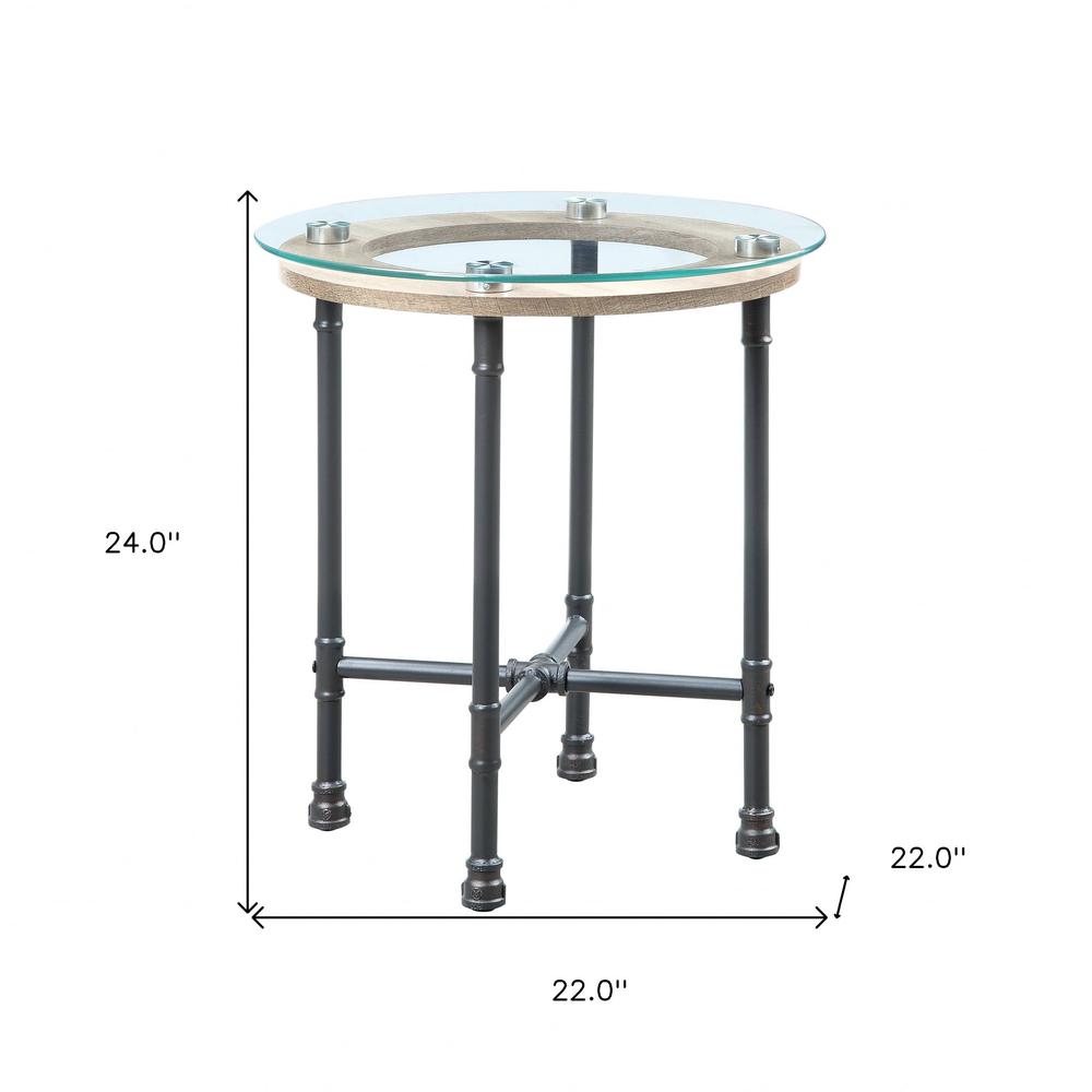 24" Sandy Gray And Clear Glass And Metal Round End Table. Picture 6
