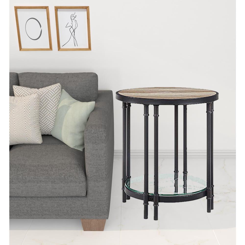24" Sandy Black And Oak Manufactured Wood And Metal Round End Table With Shelf. Picture 2