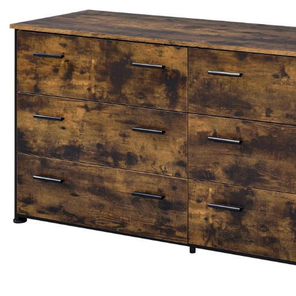 59" Brown and Black Six Drawer Double Dresser. Picture 5