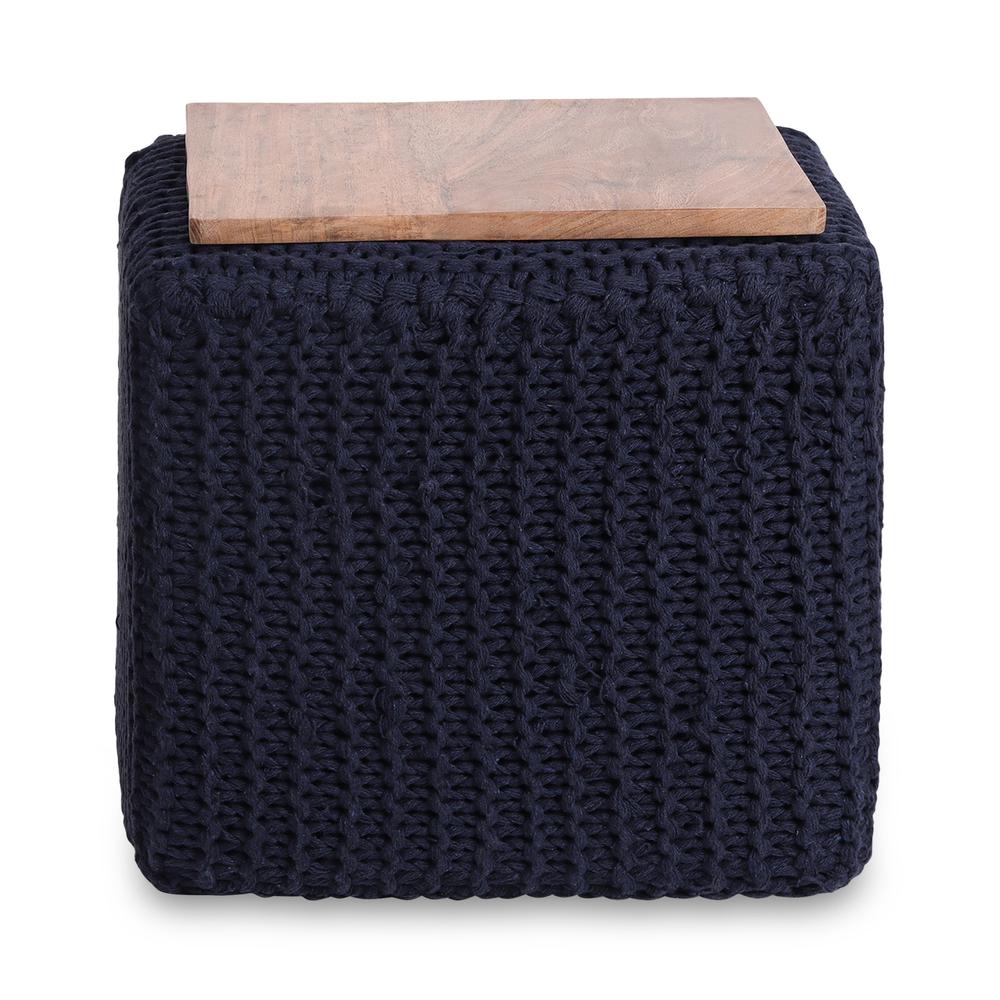 16" Navy Blue Cotton Blend And Brown Pouf Ottoman. Picture 1