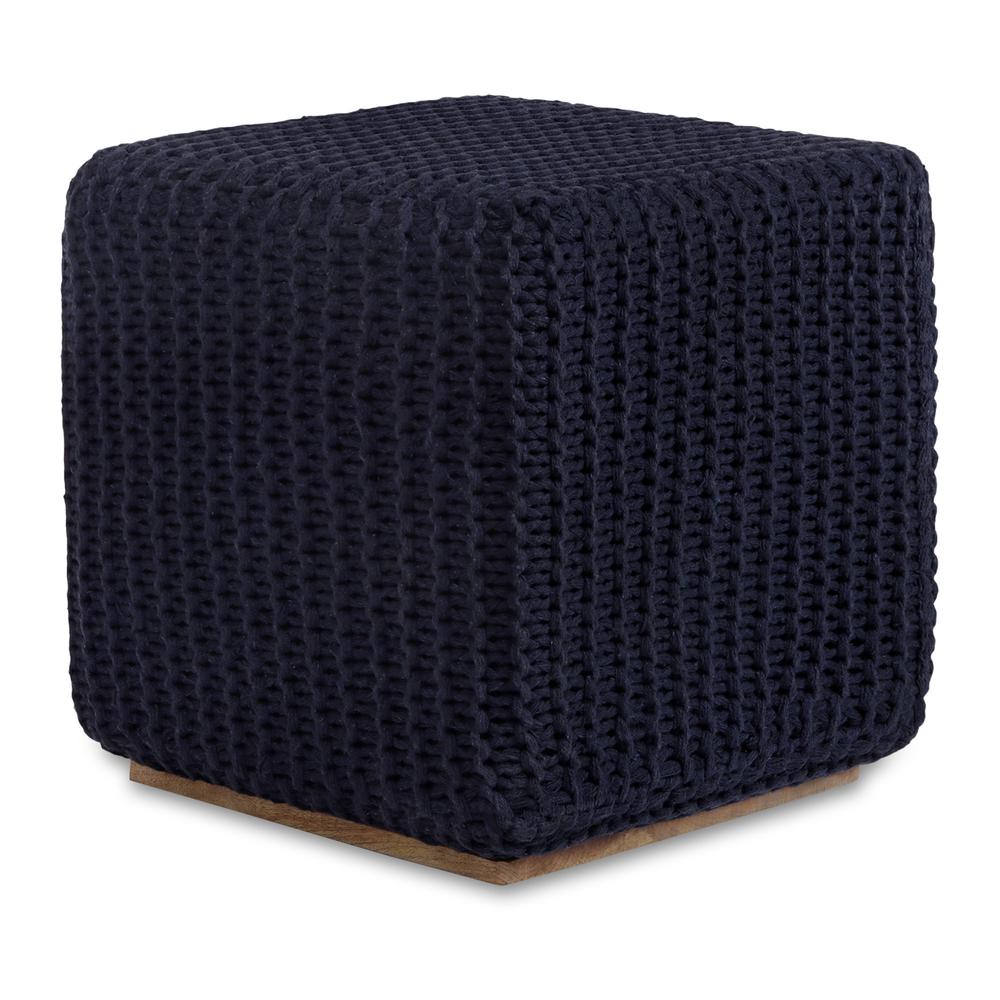 16" Navy Blue Cotton Blend And Brown Pouf Ottoman. Picture 2
