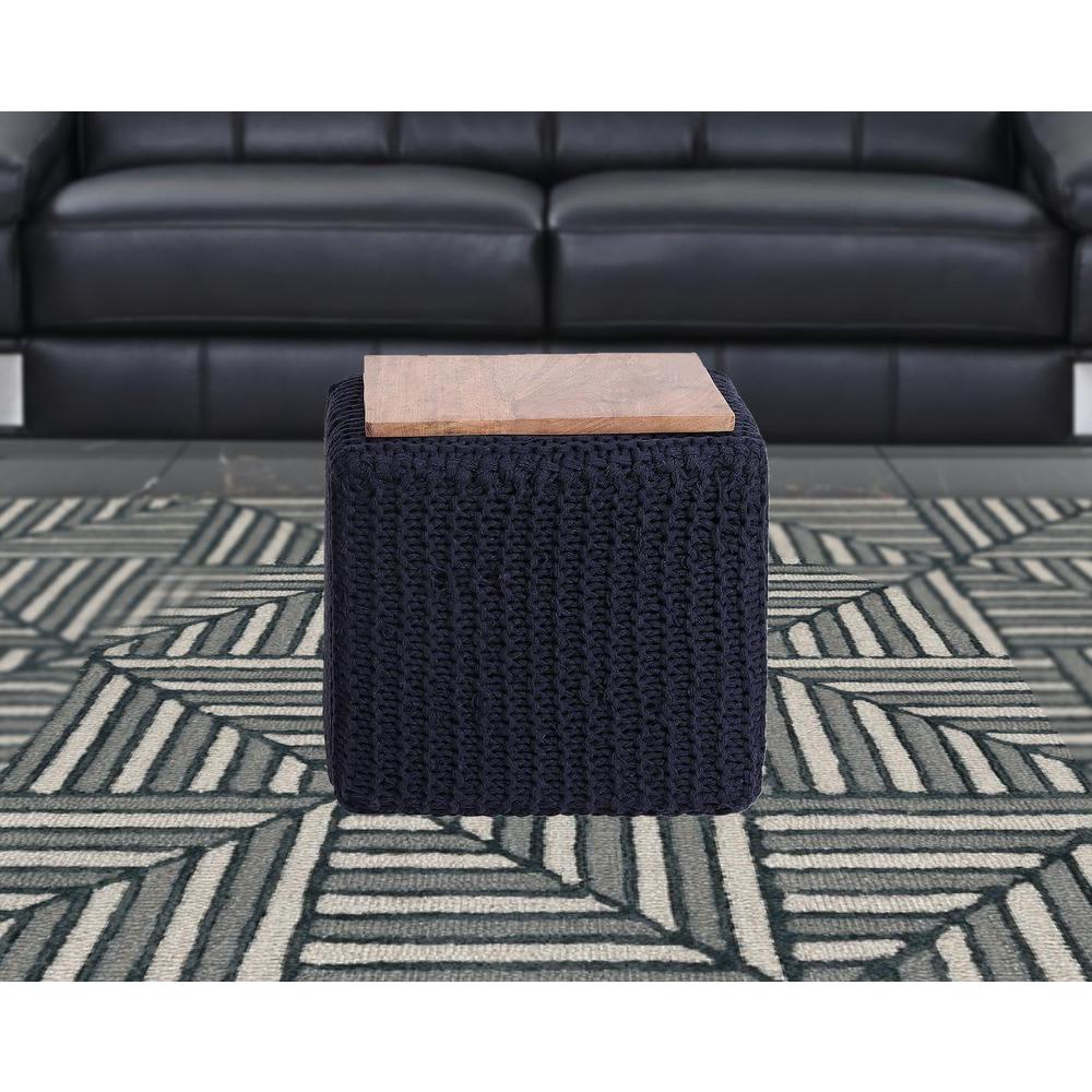 16" Navy Blue Cotton Blend And Brown Pouf Ottoman. Picture 3