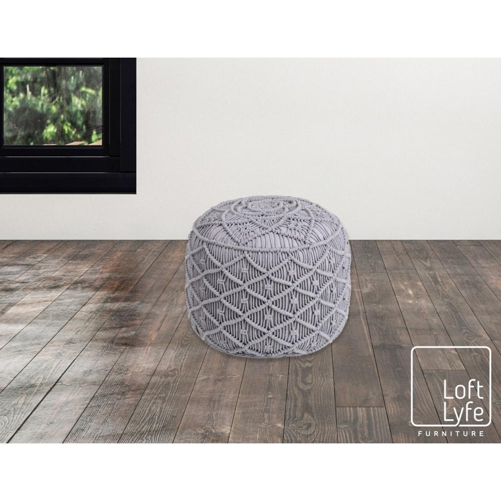 18" Light Gray Cotton Blend And Brown Round Pouf Ottoman. Picture 5