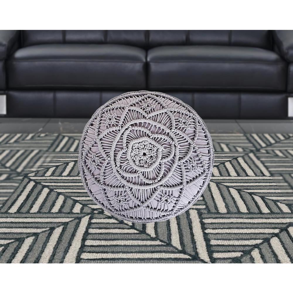18" Light Gray Cotton Blend And Brown Round Pouf Ottoman. Picture 3