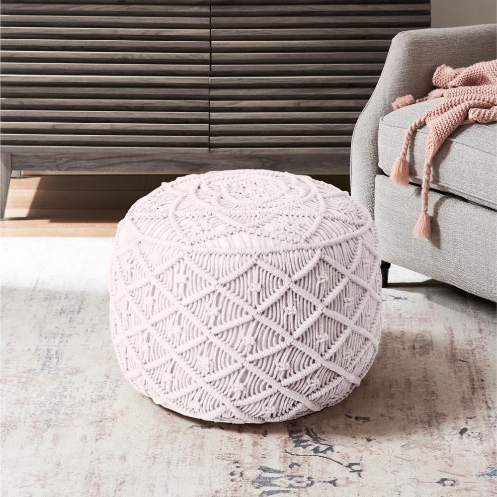18" White Cotton Blend And Brown Round Pouf Ottoman. Picture 4