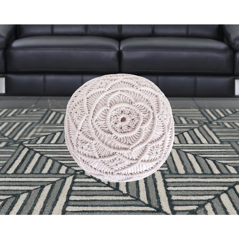 18" White Cotton Blend And Brown Round Pouf Ottoman. Picture 3