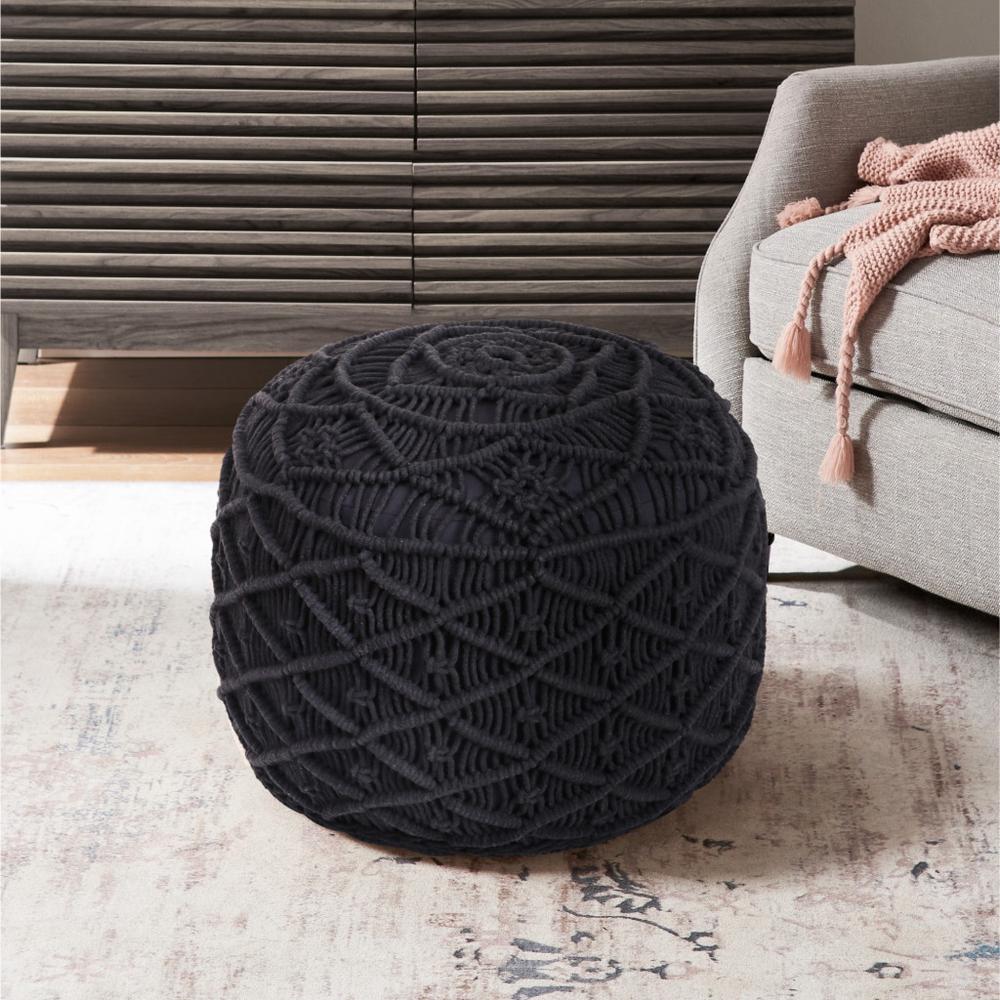 18" Black Cotton Blend And Brown Round Pouf Ottoman. Picture 4