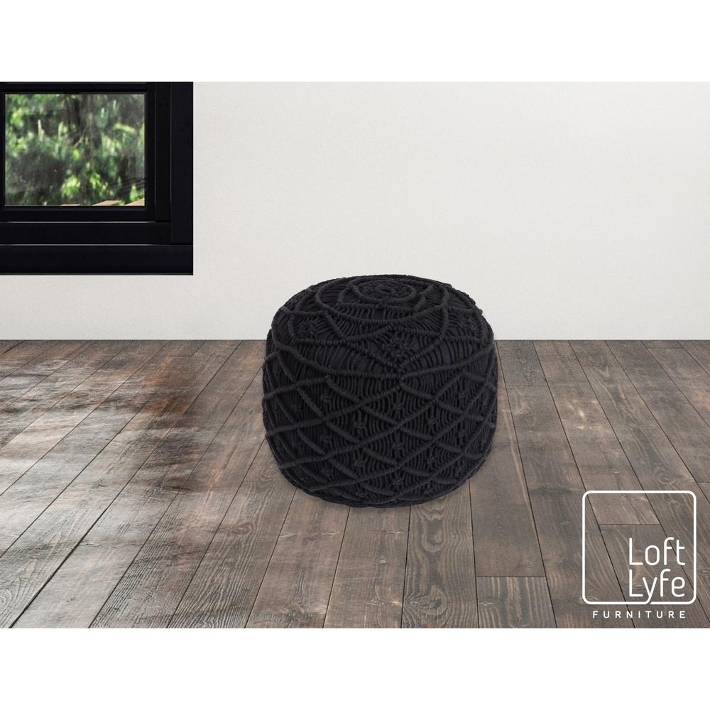 18" Black Cotton Blend And Brown Round Pouf Ottoman. Picture 5