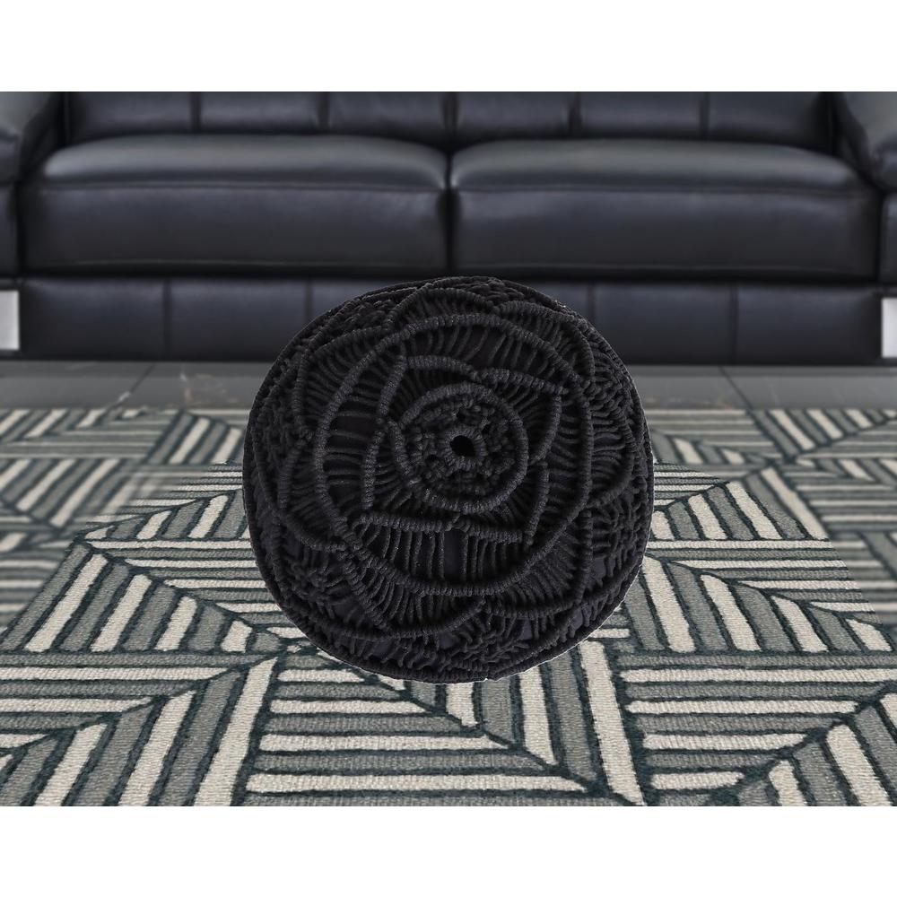 18" Black Cotton Blend And Brown Round Pouf Ottoman. Picture 3