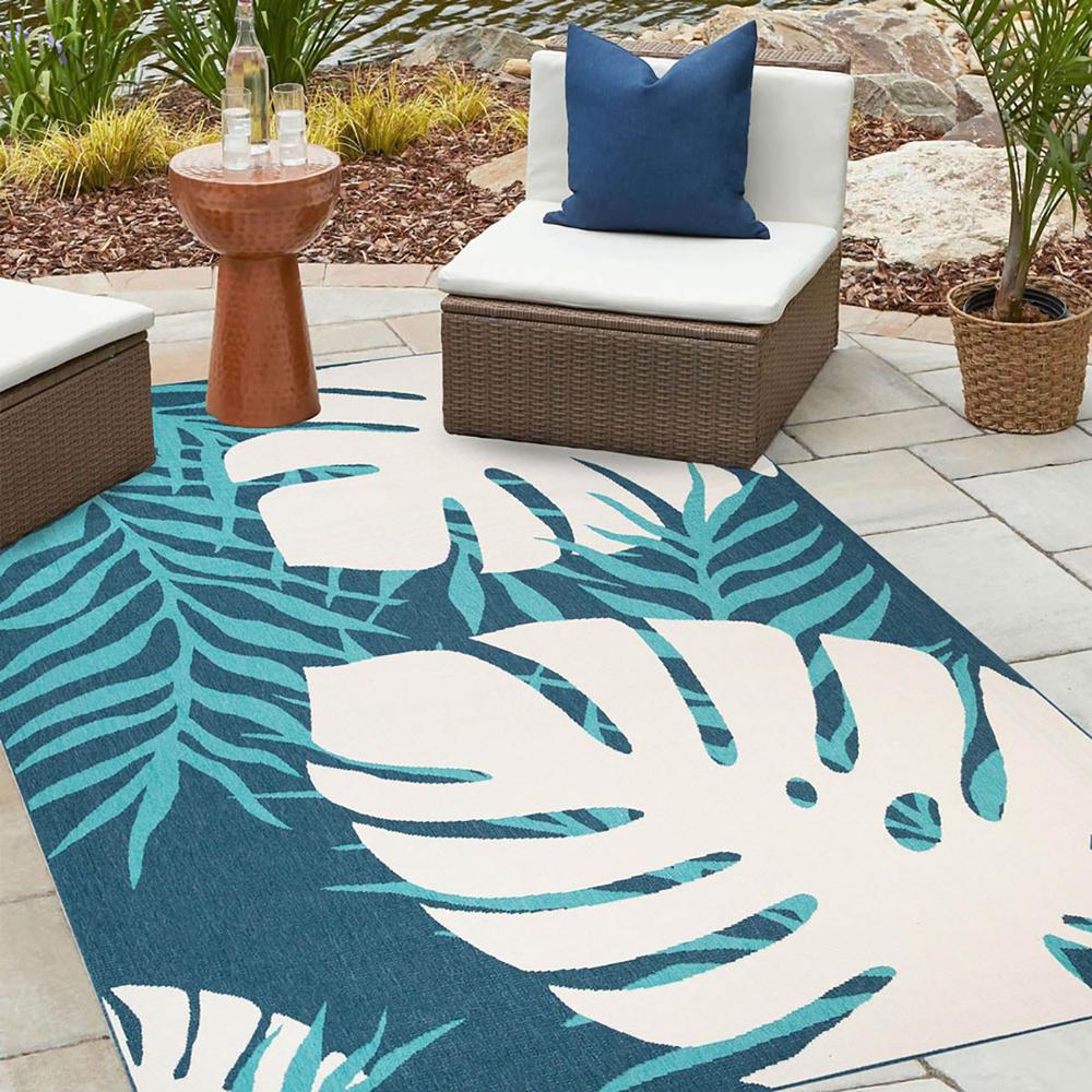 5' X 8' Blue Green Cream Geometric Stain Resistant Indoor Outdoor Area Rug. Picture 5