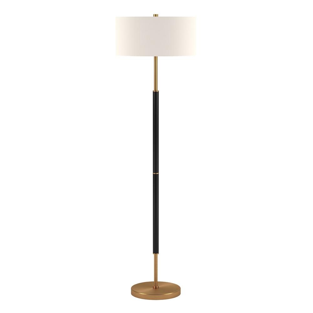 61" Black and Brass Two Light Floor Lamp With White Drum Shade. Picture 1
