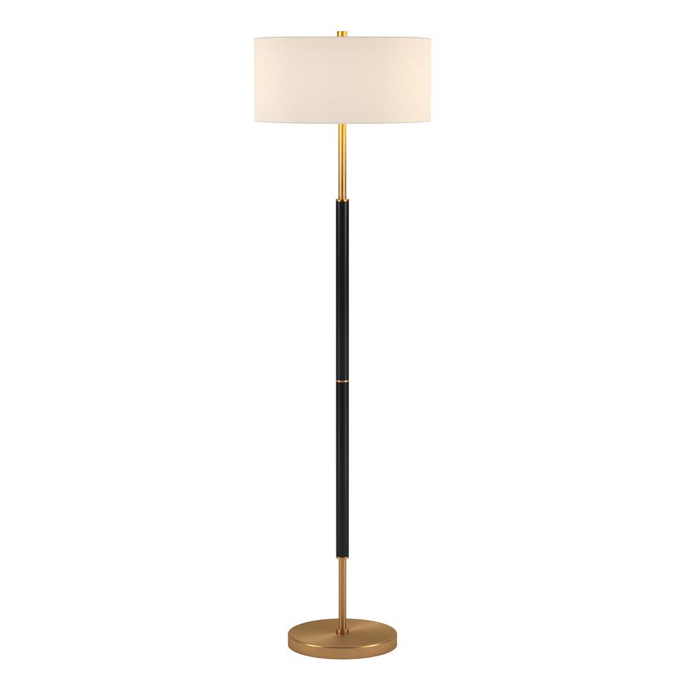 61" Black and Brass Two Light Floor Lamp With White Drum Shade. Picture 3