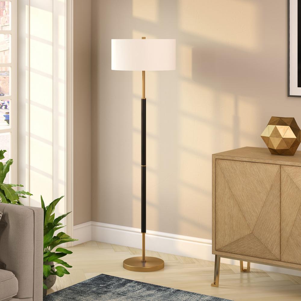 61" Black and Brass Two Light Floor Lamp With White Drum Shade. Picture 5