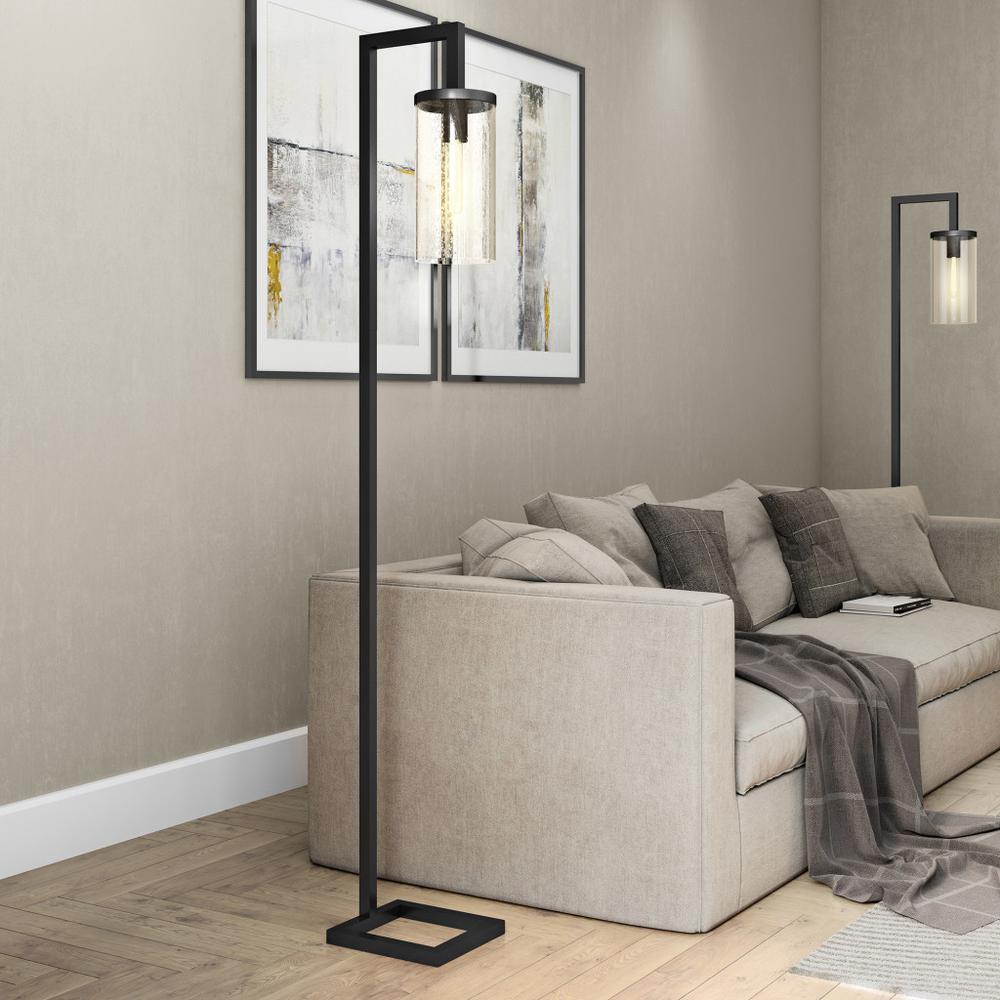 67" Blackened Bronze Modern Floor Lamp With Seeded Glass Drum Shade. Picture 6
