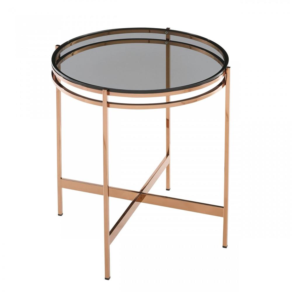 22" Rosegold And Smoke Glass Geo Round End Table. Picture 1