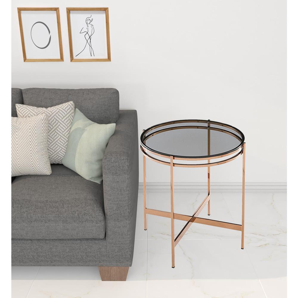 22" Rosegold And Smoke Glass Geo Round End Table. Picture 4