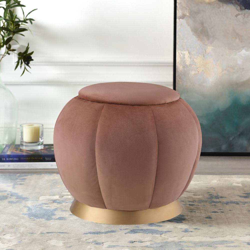 20" Blush Velvet And Gold Round Ottoman. Picture 8
