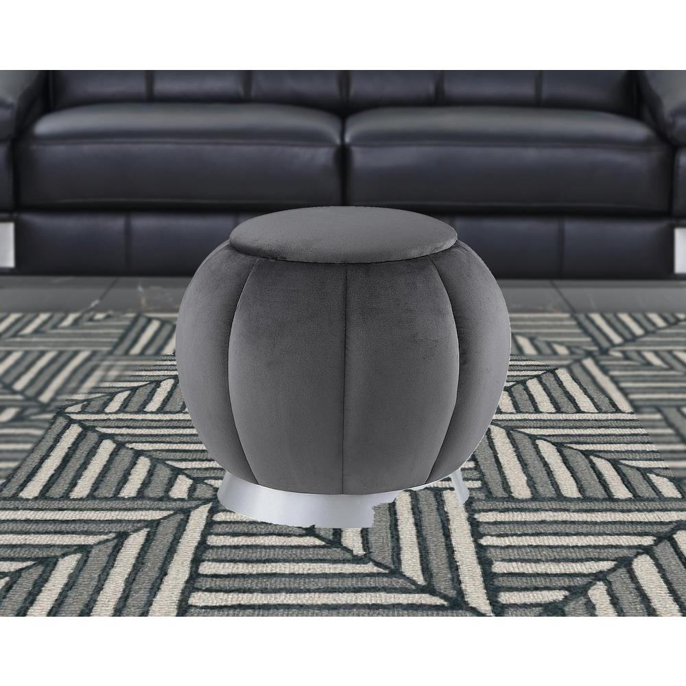 20" Gray Velvet And Silver Round Ottoman. Picture 3