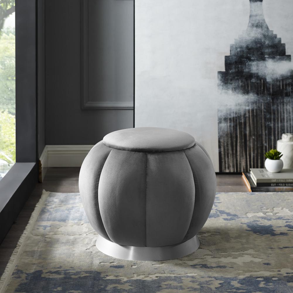 20" Gray Velvet And Silver Round Ottoman. Picture 8