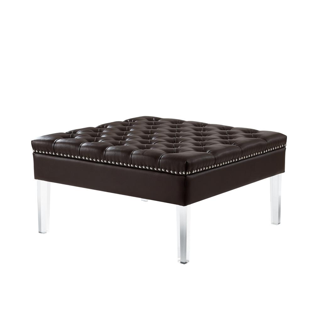 35" Espresso Faux Leather And Clear Cocktail Ottoman. Picture 1