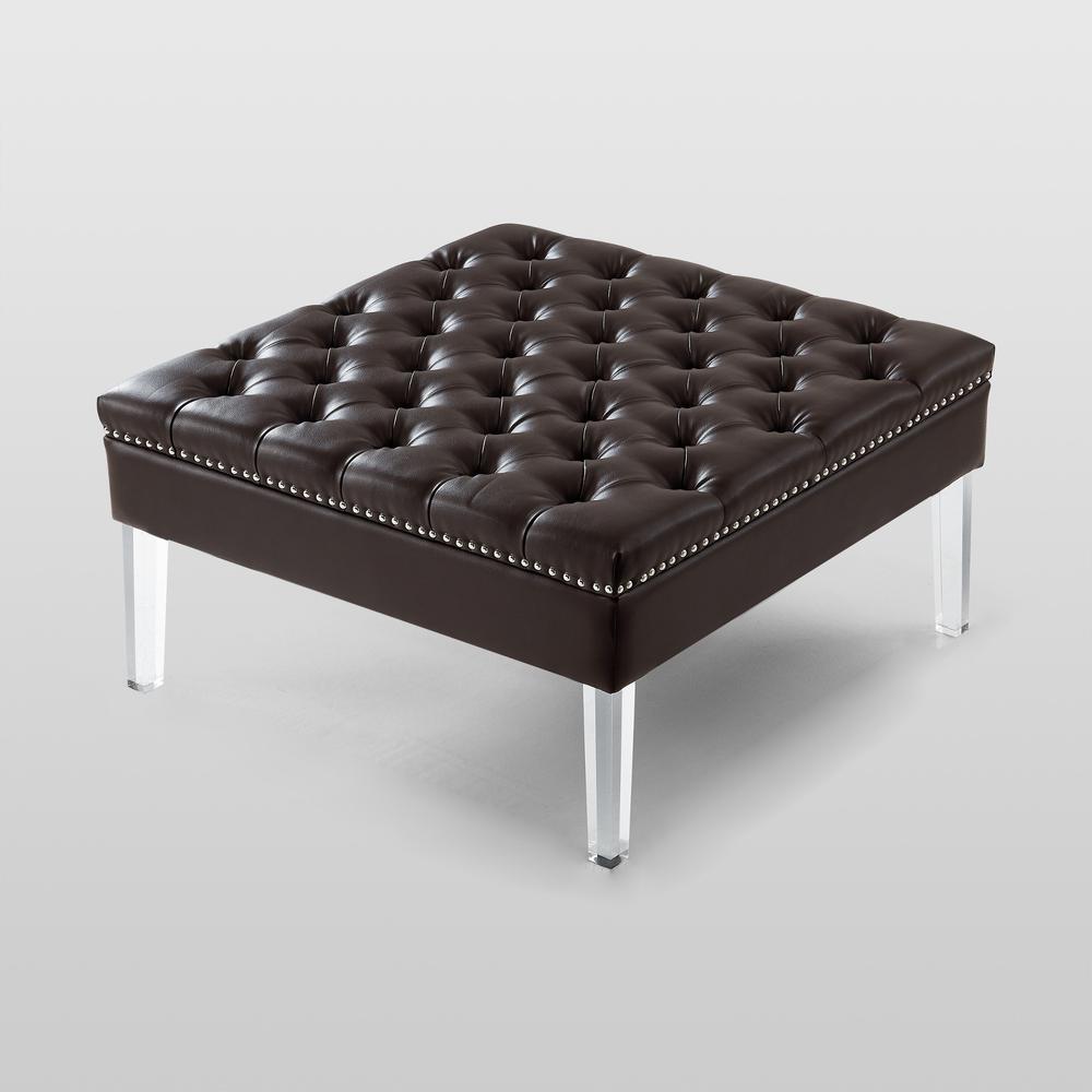 35" Espresso Faux Leather And Clear Cocktail Ottoman. Picture 2