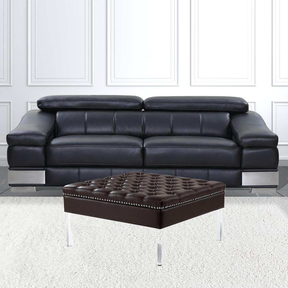 35" Espresso Faux Leather And Clear Cocktail Ottoman. Picture 4