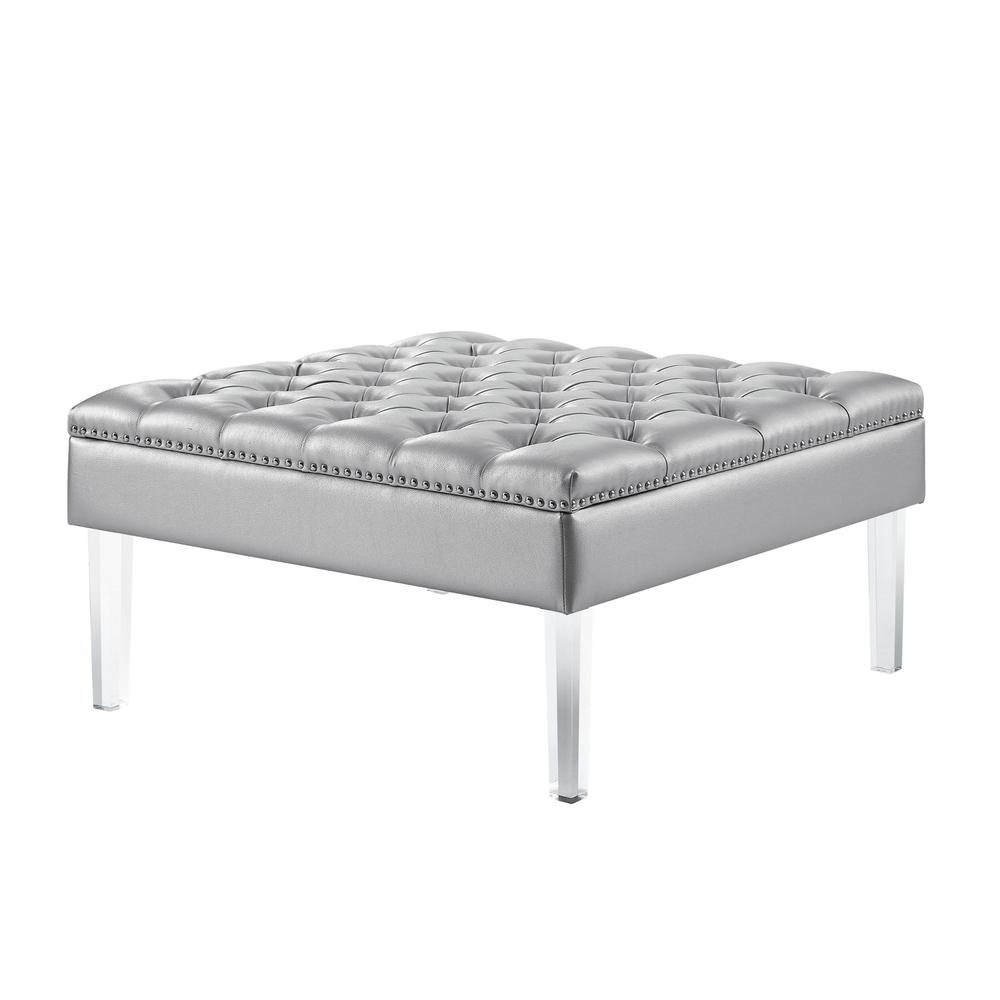 35" Silver Faux Leather And Clear Tufted Cocktail Ottoman. Picture 1
