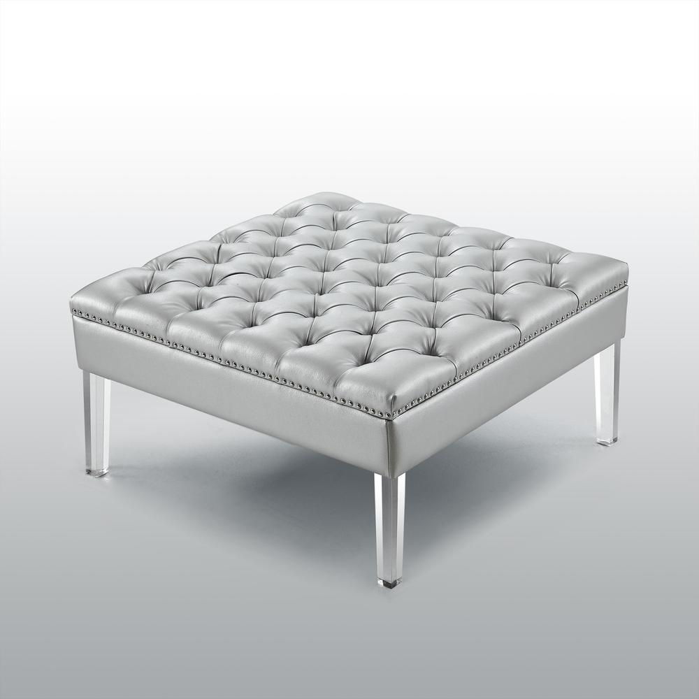35" Silver Faux Leather And Clear Tufted Cocktail Ottoman. Picture 6