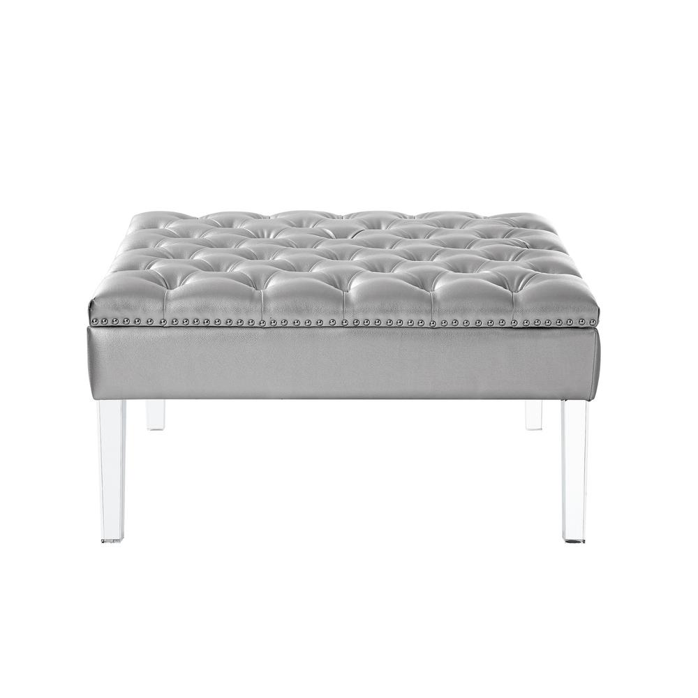 35" Silver Faux Leather And Clear Tufted Cocktail Ottoman. Picture 2