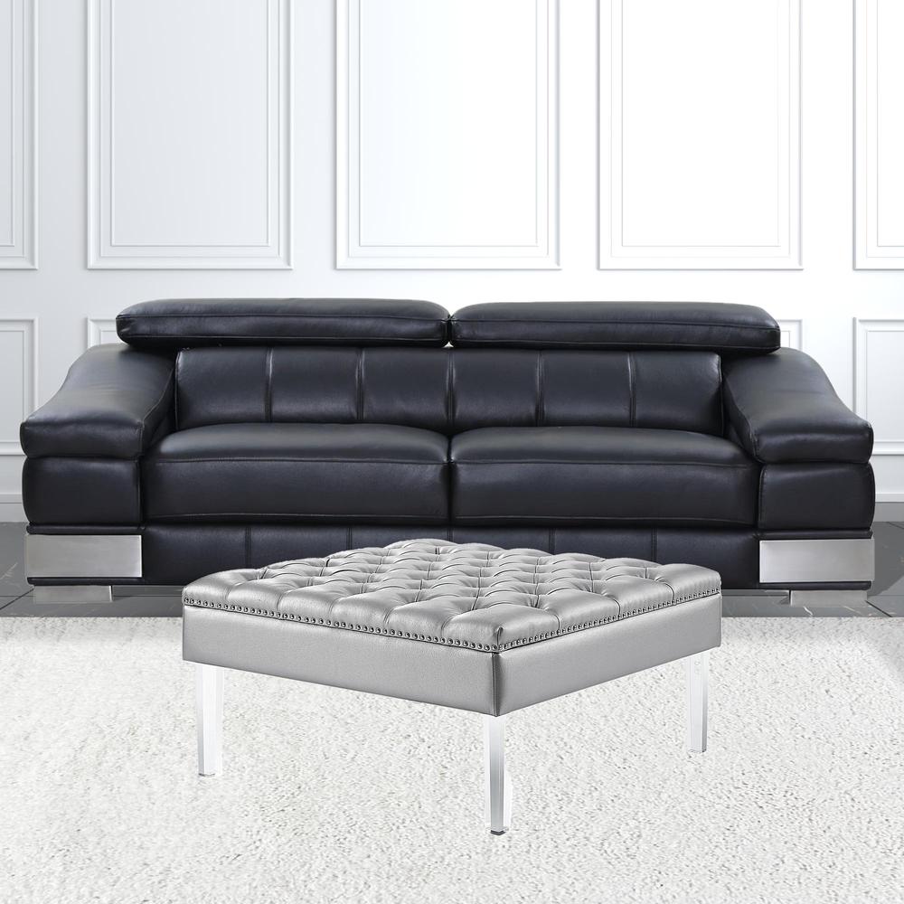 35" Silver Faux Leather And Clear Tufted Cocktail Ottoman. Picture 3