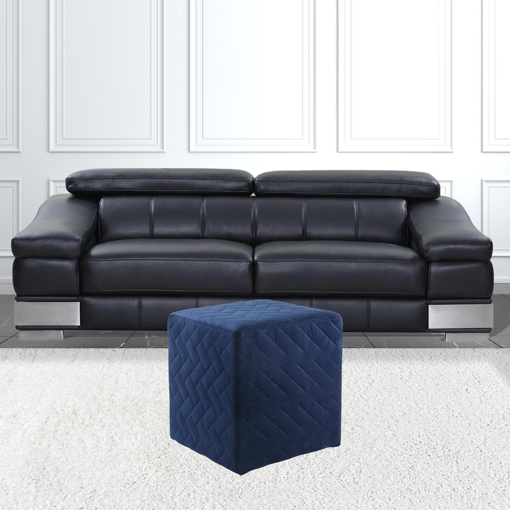 17" Navy Blue Velvet Quilted Cube Ottoman. Picture 5