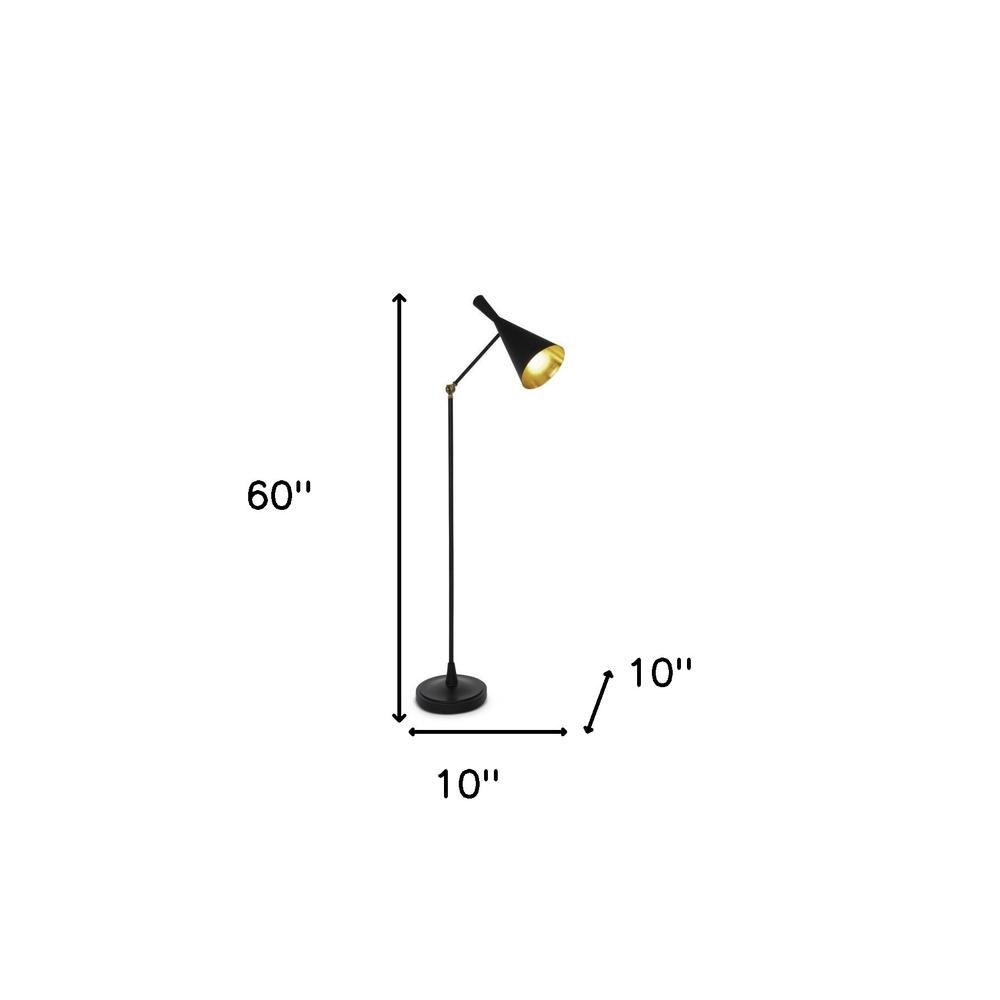 60" Black Adjustable Floor Lamp With Black And Gold Cone Shade. Picture 6