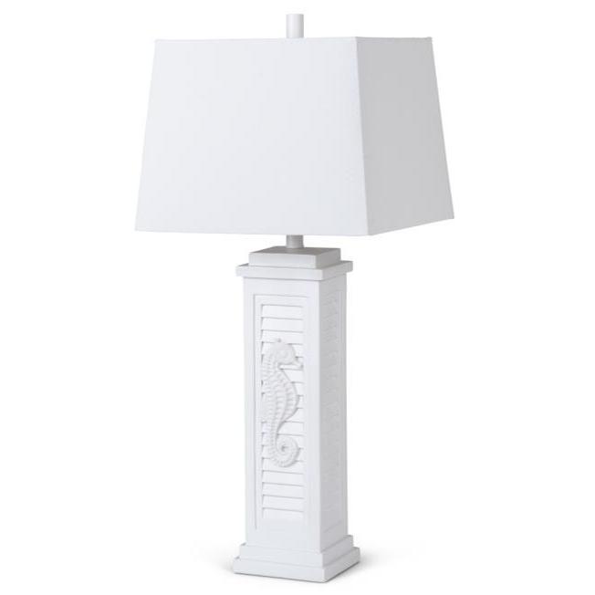 Set Of Two 32" White Seahorse Shutter USB Table Lamps With White Square Shades. Picture 1