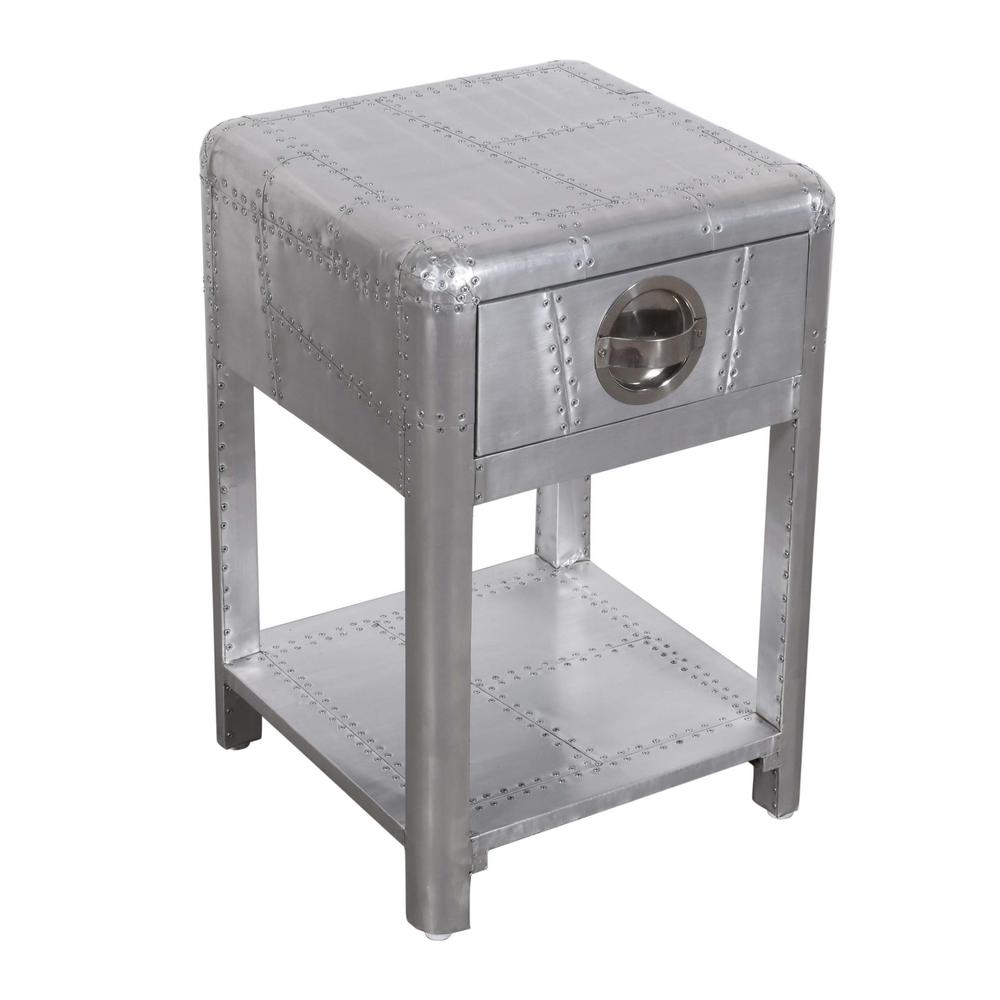 24" Silver Aluminum Square End Table With Drawer And Shelf. Picture 1