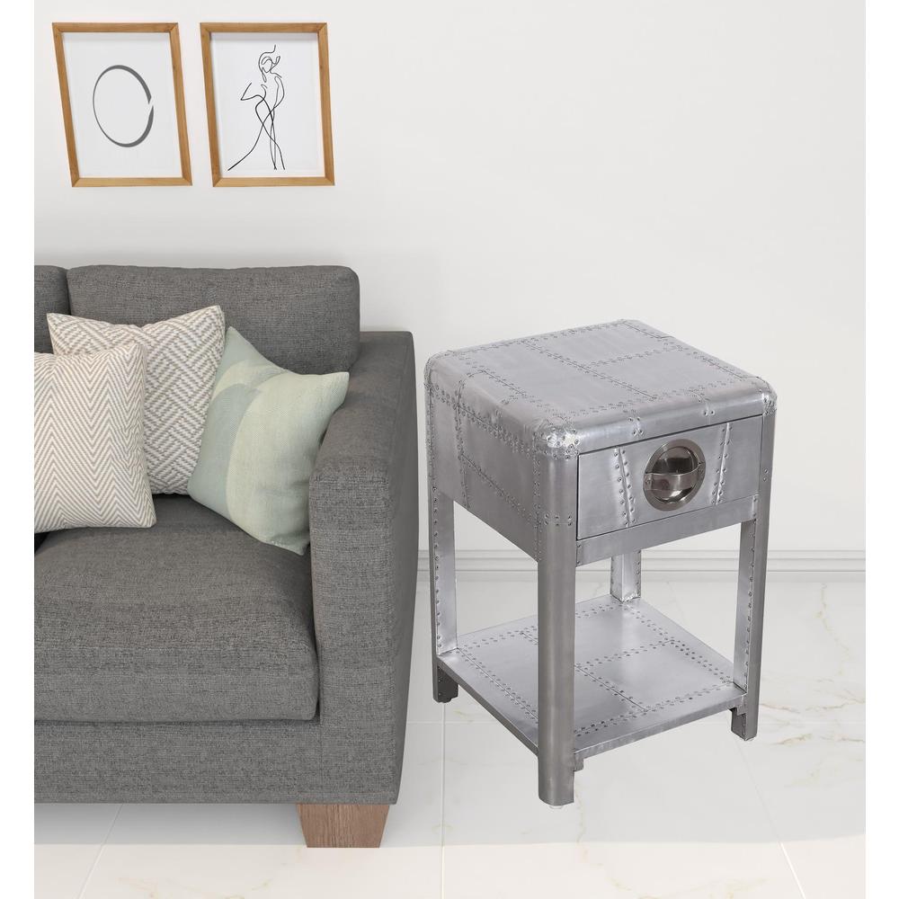 24" Silver Aluminum Square End Table With Drawer And Shelf. Picture 5