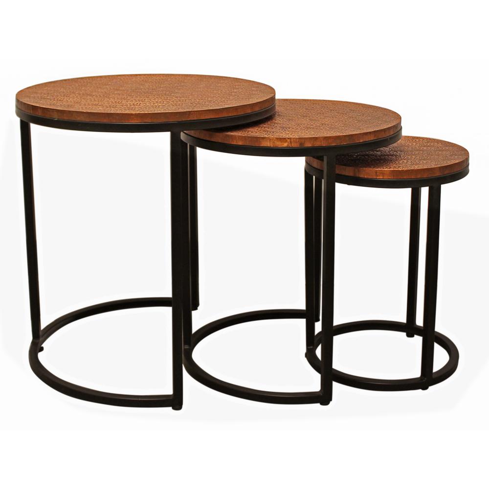 Set Of Three 19" Black And Copper Round Nested Tables. Picture 1