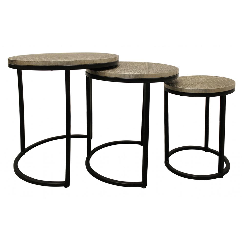 Set Of Three 19" Black And Silver Round Nested Tables. Picture 1